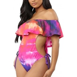 Size is S Off The Shoulder Ruffle Floral Side Tie Dye One Piece Sexy Swimsuit