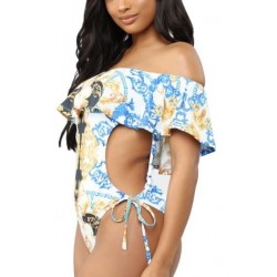 Size is S Blue Off Shoulder Ruffle Print High Cut One Piece Swimsuit