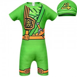Size is 2T-3T Boys Ninjago Print One Piece Swimsuit With Hat