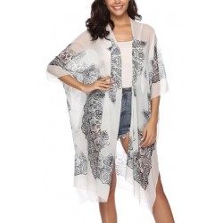 Size is S White 3/4 Sleeve Bohemian Print See Through Beach Kimono