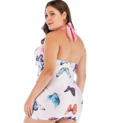 Size is 1XL Plus Size Halter Neck Butterfly One Piece Swimsuit With Shorts