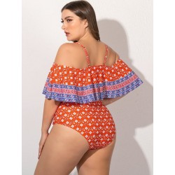 Size is L Plus Size Polka Dot Ruffle Off The Shoulder One Piece Swimsuit