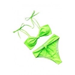 Size is S High Cut Knot Front Plain High Waisted Bikini Set Green