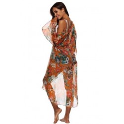 Size is Adult-OneSize Orange 3/4 Sleeve Floral Print See Through Beach Cover Up Cardigan