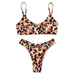 Size is S Leopard Print Spaghetti Straps High Cut Bikini Set Brown