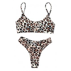 Size is S Leopard Print Spaghetti Straps High Cut Bikini Set Chestnut