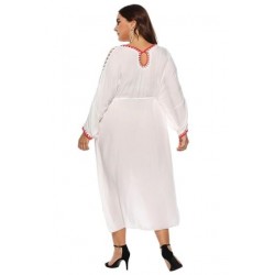 Size is Adult-OneSize Beach Dress Plus Size V Neck Long Sleeve Crochet Cut Out High Low