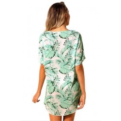 Size is S Short Sleeve V Neck Tie Leaf Print Beach Dress Light Green