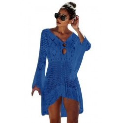 Size is Adult-OneSize Beach DressDrawstring Bell Sleeve Crochet Knitted Plain Cut Out