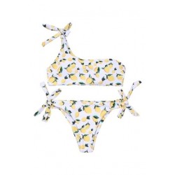 Size is S Yellow One Shoulder High Cut Lemon Print String Bikini Set