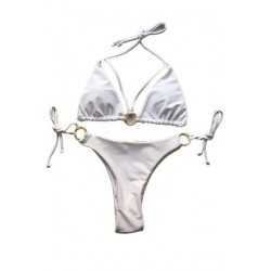Size is S Sexy Halter Metal Ring Plain Triangle Top String Bikini Set White