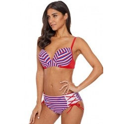 Size is S Red Sexy Color Striped Cross Lace Up Bottom 2-Piece Bikini