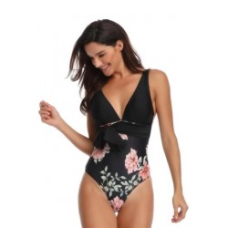Size is S BlackSexy Deep V Tie Front Floral One Piece Swimsuit