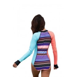 Size is S Blue Long Sleeve Color Block Striped One Piece Swimsuit