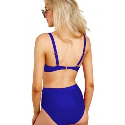 Size is S Pom Pom Trim V Neck Striped Pleated High Waisted Bikini Set Blue