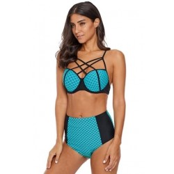 Size is S Fish Scale Print Halter Criss Cross Strappy High Waisted Bikini