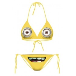 Size is S Yellow Womens Minions Printed Top & Side-Tie Bottom Bikini Set