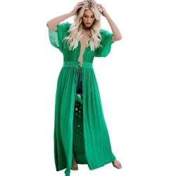 Size is S Green Drawstring Plain Crochet Half Sleeve Maxi Beach Kimono