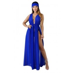 Size is S Mesh Sheer Split Plain Pleated Deep V Neck Beach Dress Blue