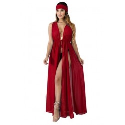 Size is S Mesh Sheer Split Plain Pleated Deep V Neck Beach Dress Ruby