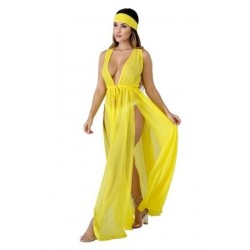 Size is S Mesh Sheer Split Plain Pleated Deep V Neck Beach Dress Yellow