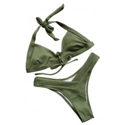 Size is S Sexy Halter Tie Front Plain High Cut Triangle Bikini Set Olive