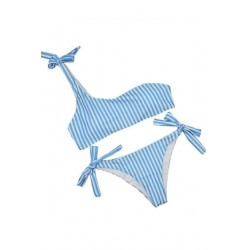 Size is S Blue One Shoulder High Cut Striped Print String Bikini Set