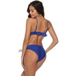 Size is S Blue Sexy V Neck Spaghetti Straps Ruffle Plain String Bikini Set