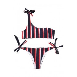 Size is S Navy One Shoulder High Cut Color Striped Print String Bikini Set
