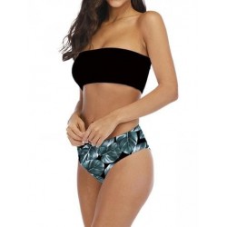 Size is S Black Sexy Strapless Bandeau Top Color Block Leaf Print Bikini Set