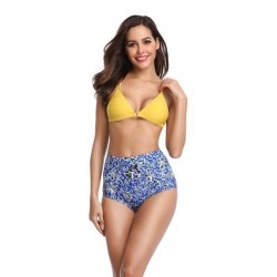 Size is S Floral Print Criss Cross Color Block High Waisted Bikini Set Yel