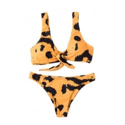 Size is S Sexy Leopard Print Tie Front High Cut Bikini Set Yellow