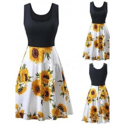Size is S Summer Vintage Sleeveless Flare Sunflower Midi Dress White