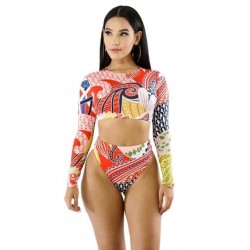 Size is S Red Long Sleeve Top&High Waisted Bottoms Flower Print Swimsuit
