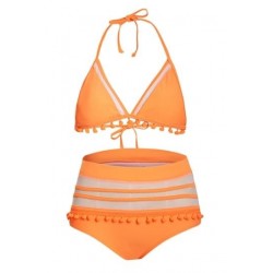 Size is S Pom Pom Mesh Halter Backless High Waisted Bikini Set Orange