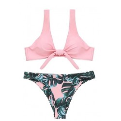 Size is S Pink Scoop Neck Tie Front Leaf Print High Cut Bikini Set