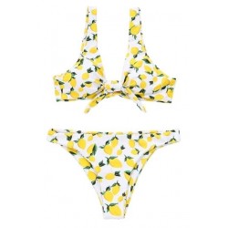 Size is S High Cut Bikini Set Scoop Neck Tie Front Lemon Print