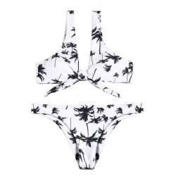 Size is S Dull Black Scoop Neck Tie Front Leaf Print High Cut Bikini Set