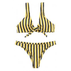 Size is S Yellow Scoop Neck Tie Front Vertical Striped High Cut Bikini Set