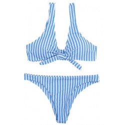 Size is S High Cut Bikini SetScoop Neck Tie Front Vertical Striped Blue