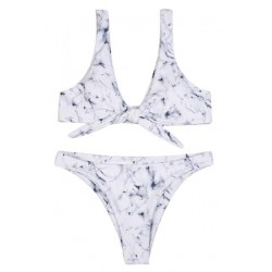 Size is S Marble Print Scoop Neck Tie Front High Cut Bikini Set White