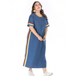 Size is 1XL Plus Size Casual Loose Shirt Denim Side Split Maxi Dresses Blue