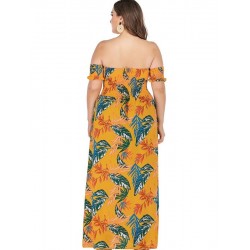 Size is 1XL Plus Size Yellow Off The Shoulder Floral Holiday Boho Maxi Dress