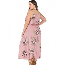 Size is 1XL Plus Size Pink Spaghetti Strap Flower Holiday Maxi Dresses