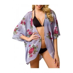 Size is M Light Purple Half Sleeve See Through Floral Print Beach Kimono