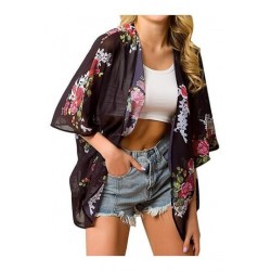 Size is M Dull Black Half Sleeve See Through Floral Print Beach Kimono