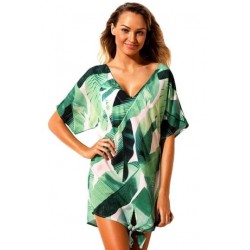 Size is S Short Sleeve V Neck Tie Leaf Print Beach Dress Dark Green