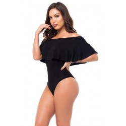 Size is S Women Off The Shoulder Ruffle Plain One Piece Swimsuit Black