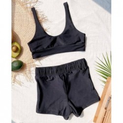 Size is S Black Women Plain Scoop Crop Sports High Waisted Two Piece Swimsuit