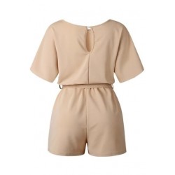 Size is S Khaki Casual Boat Neck Belted Plain Short Sleeve Romper